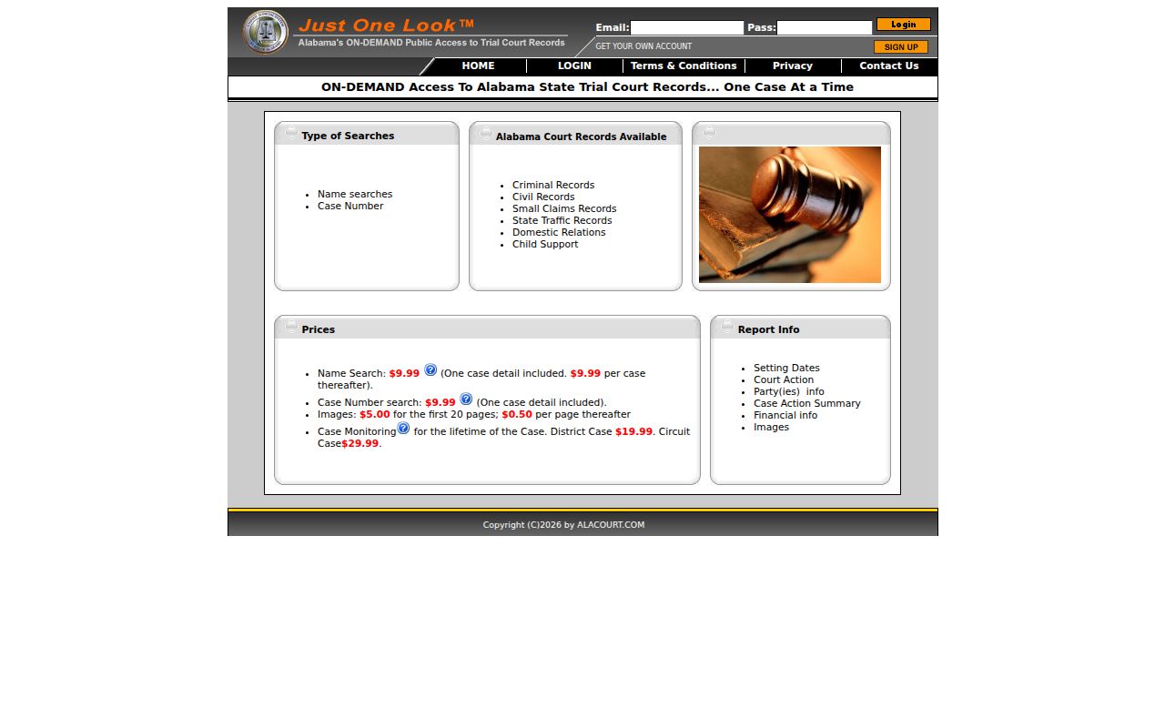 Alacourt ACCESS portal for Alabama court records search